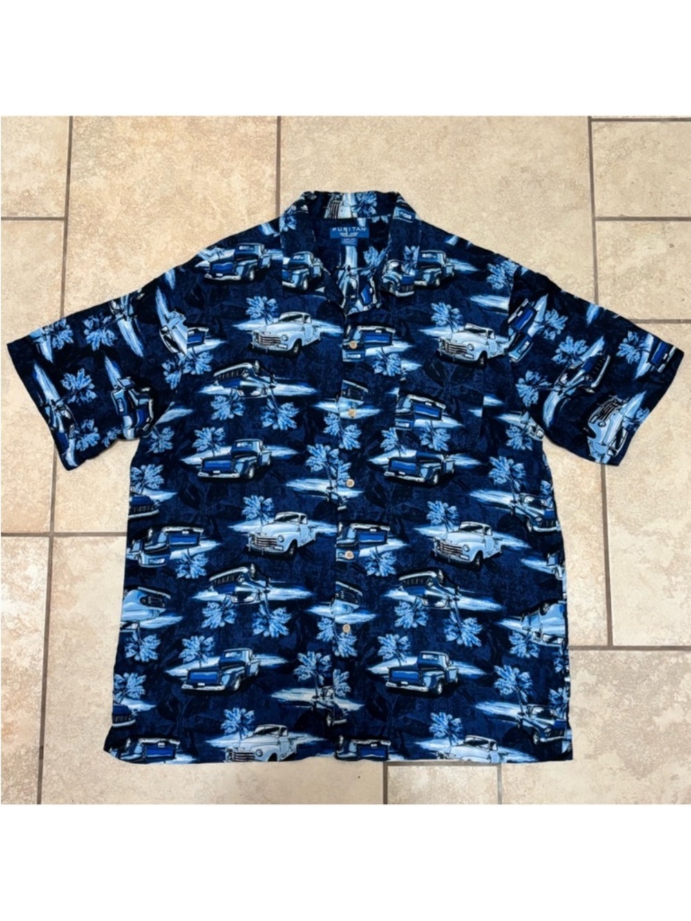 Vintage Puritan ~Men Blue Button-up Classic Truck Car Shirt Hawaiian Print Large